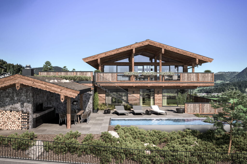 wunderschönes Einfamilienhaus/Chalet im alpinenchick, Außenbereich mit Pool großem überdachten Essbereich, Garten, Oberstock mit Balkon und Glasfronten, in Kirchdorf in Tirol