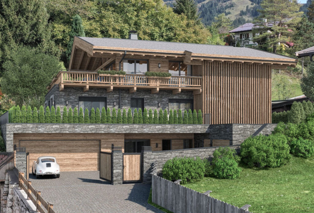 Vorderansicht mit Eingangsbereich und Garage eines Chalets in Kitzbühel
