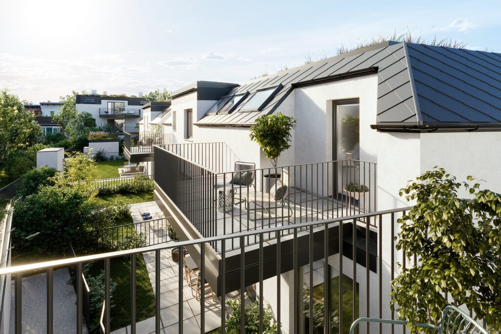 schöne moderne Wohnhausanlage im 23. Bezirk Wiens, Blick in die begrünte Innenhofseite, mit möblierten Balkonen