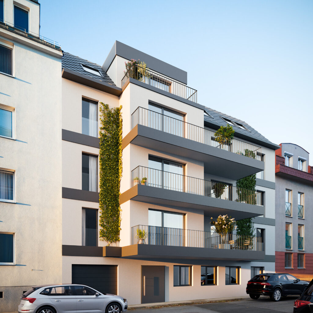 modernes Wohnhaus, straßenseitig, helle Fassade, schöne Balkone, 23. Bezirk von Wien