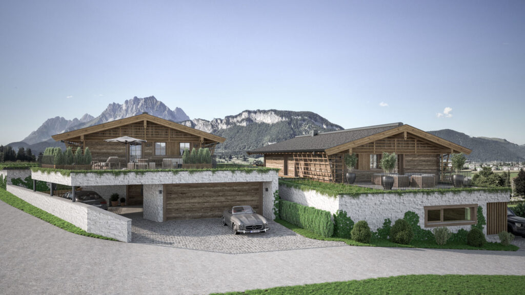 Vorderansicht von zwei Einfamilienhäusern (Chalets) in St. Johann in Tirol, Garagen und Zufahrt im Vordergrund, schöner möblierter Terrassenbereich