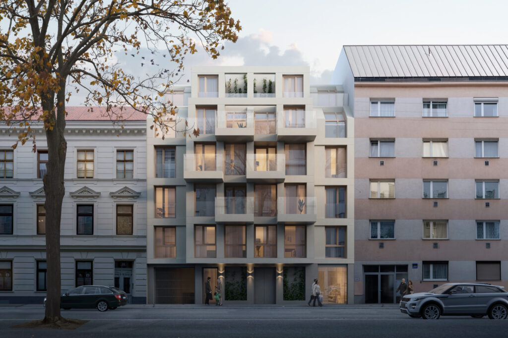 21. Bezirk Wiens, modernes Wohnhaus inmitten einer Häuserfront, hellgraue Fassade, Glasbalkone und hellbraune Fenster bzw. Türen