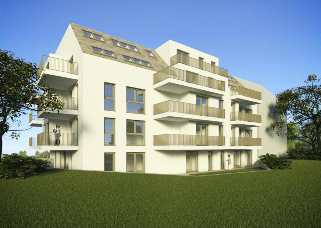 21. Bezirk von Wien, modernes Wohnhaus mit heller Fassade und Fenster und Balkonen in Goldoptik, große Rasenfläche im Vordergrund