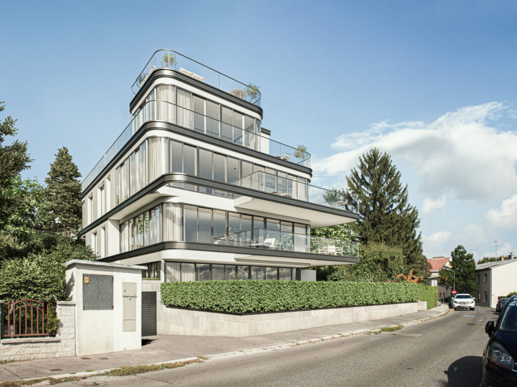modernes mehrstöckiges Wohnhaus, Glasfassade und Terrassen, Bäume ringsum, 16. Bezirk von Wien