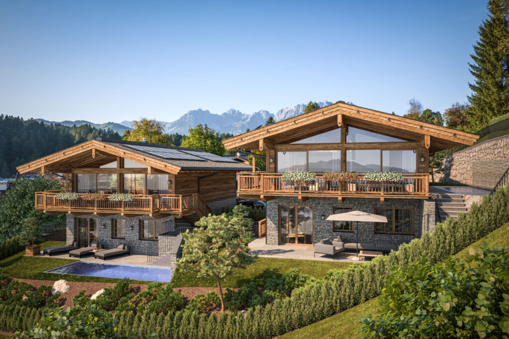zwei wunderschöne Einfamilienhäuser in Kitzbühel, im alpinen Style, Außenbereich mit Garten und möblierten Terrasen, Pool, Oberstock jeweils mit Balkon und Glasfront