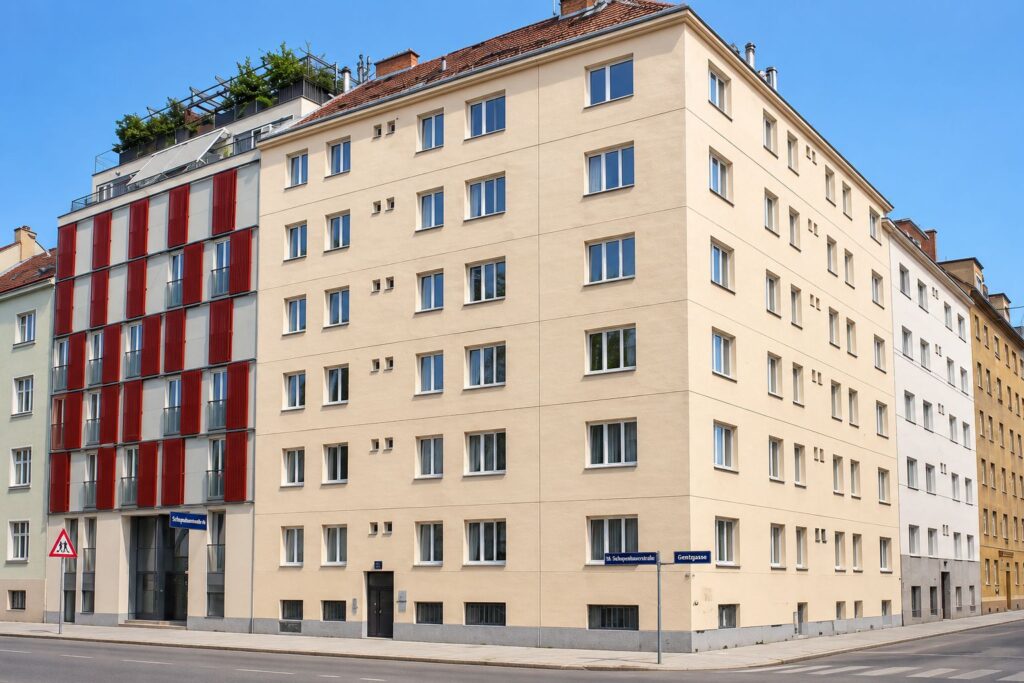 Eckwohnhaus mit cremfarbiger Fassade, Fenster weiß