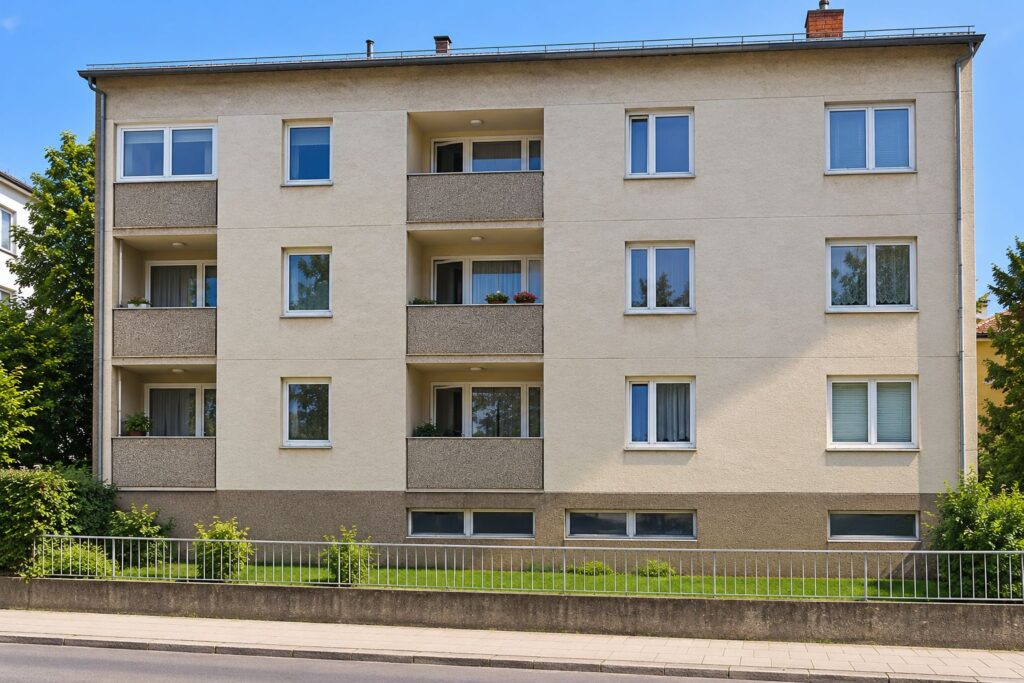 Wohnhaus mit heller Fassade und Balkonen