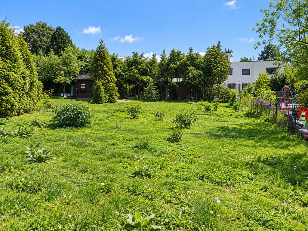 größeres Grundstück mit grüner Wiese, kleines Holzhäuschen und Bäume links hinten
