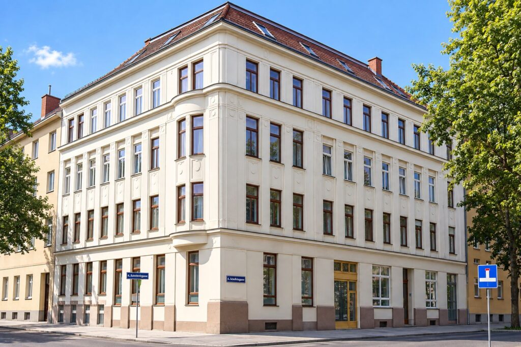 Eckzinshaus mit heller Fassade, Fenster braun, links und rechts ein Baum