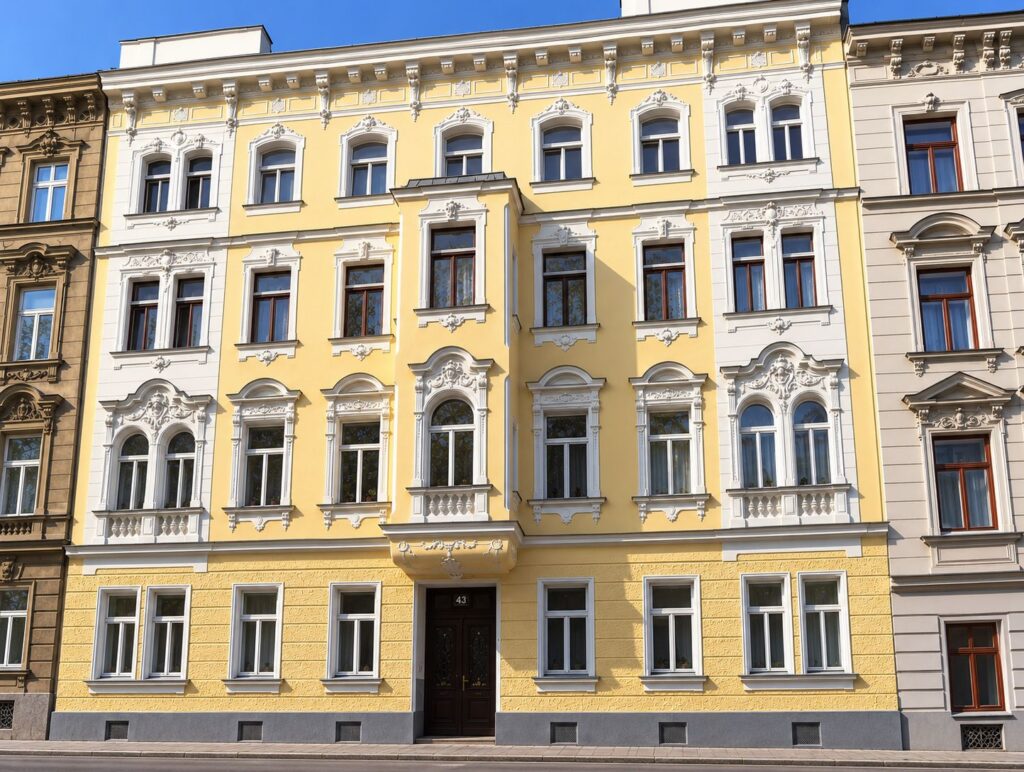 Zinshaus mit gelber Fasse und Erker in der Mitte