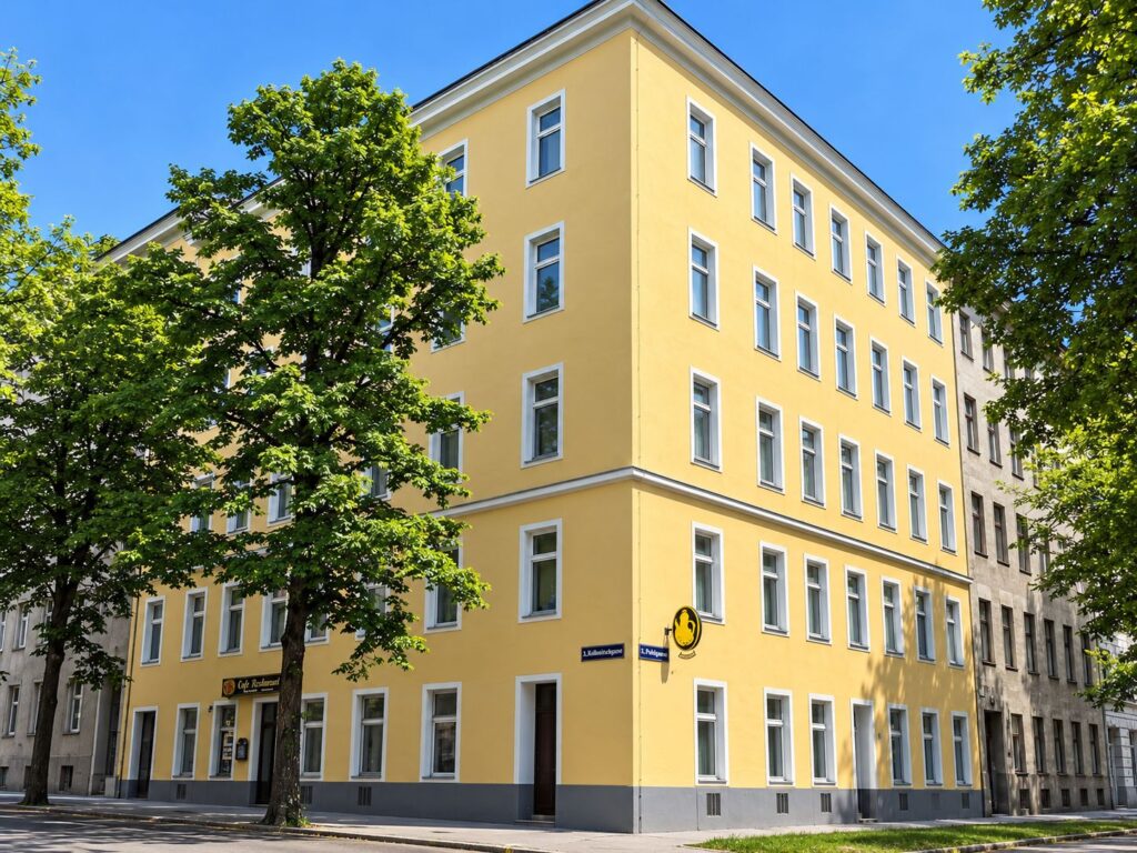gelbes Eckzinshaus mit weißen Fenstern, Bäume davor