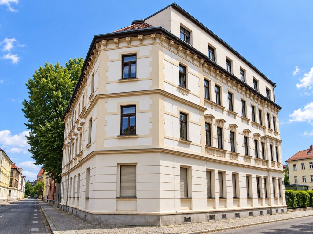 Eckzinshaus mit hellbeiger Fassade, Fenster braun