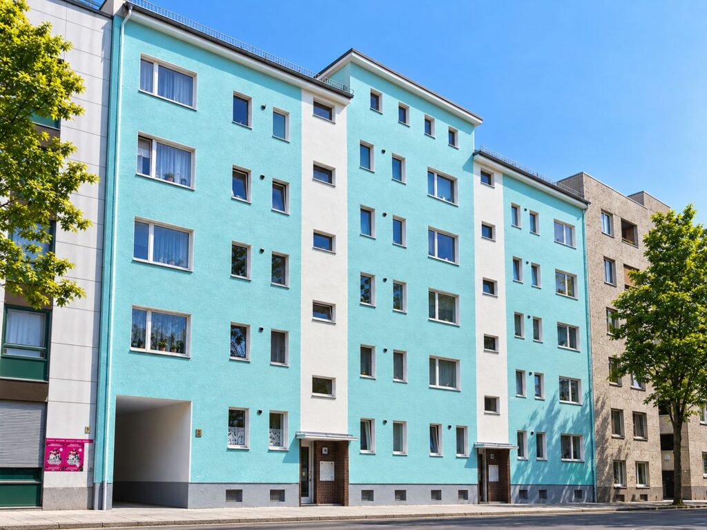 Zinshaus mit blau-weißer Fassade