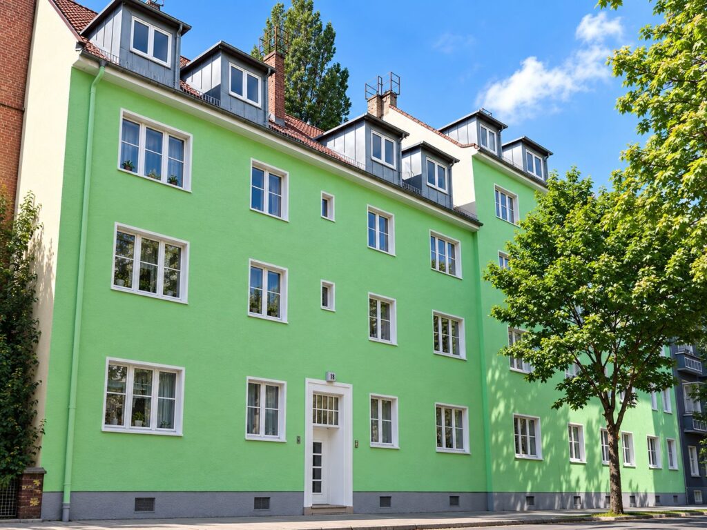 Zinshaus mit grüner Fassade, Fenster und Tür weiß
