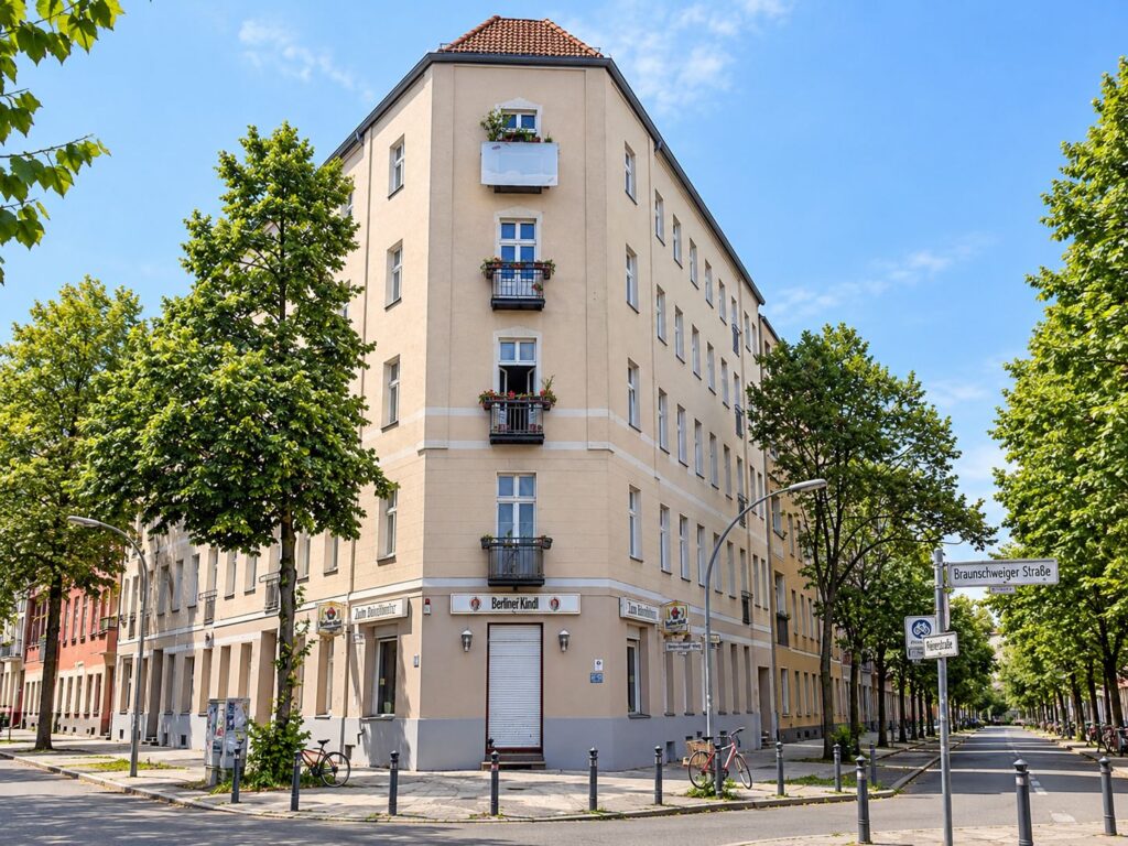 Eckzinshaus, links und rechts Bäume, Fassade beige