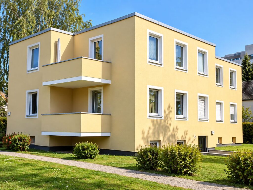 Wohnhausanlage mit gelber Fassade, Fenster weiß