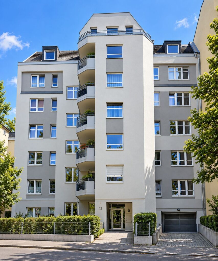 Zinshaus mit Balkonen, beige-graue Fassade