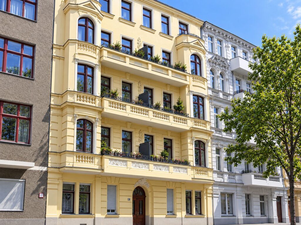 schöner Altbau, gelbe Fassade und Balkonen, Fenster braun