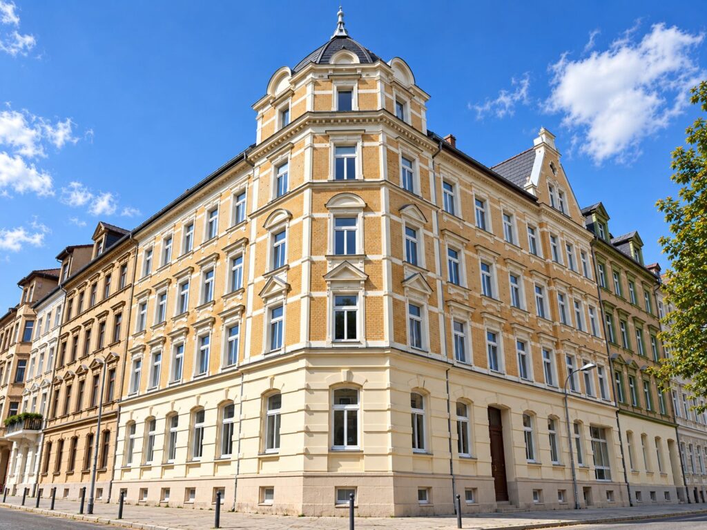 schönes Eckzinshaus mit gelber Fassade, weiße Fenster