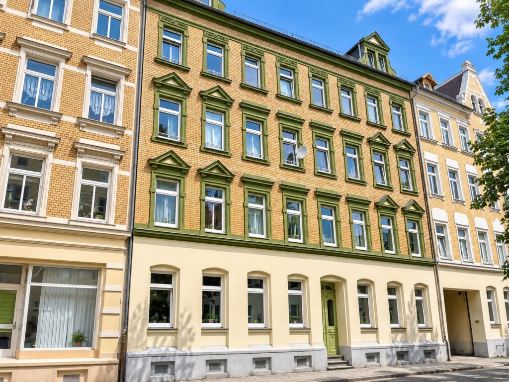 Zinshaus mit gelber Fassade bzw. ziegeloptik, Fenster grün umrandet