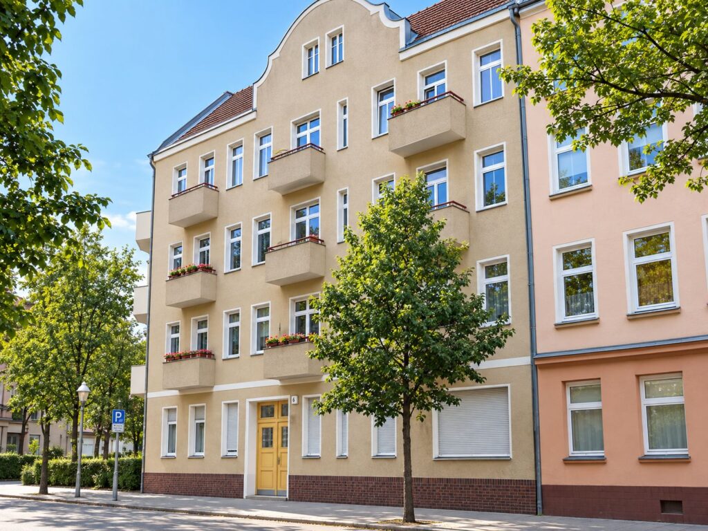 Zinshaus mit Balkonen, davor Bäume, Fassade cremfarben