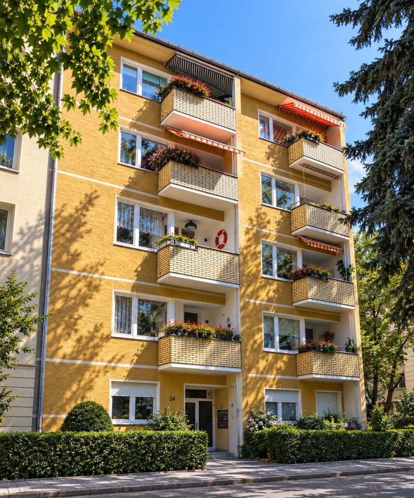 Wohnhausanlage mit dunkelgelber Fassade und Balkonen