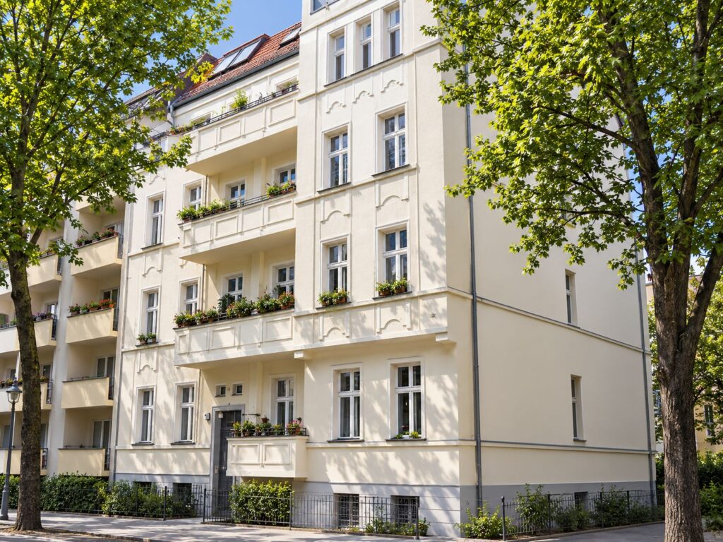 schönes Altbau, mit hellgelber Fassade, Balkone, davor Bäume