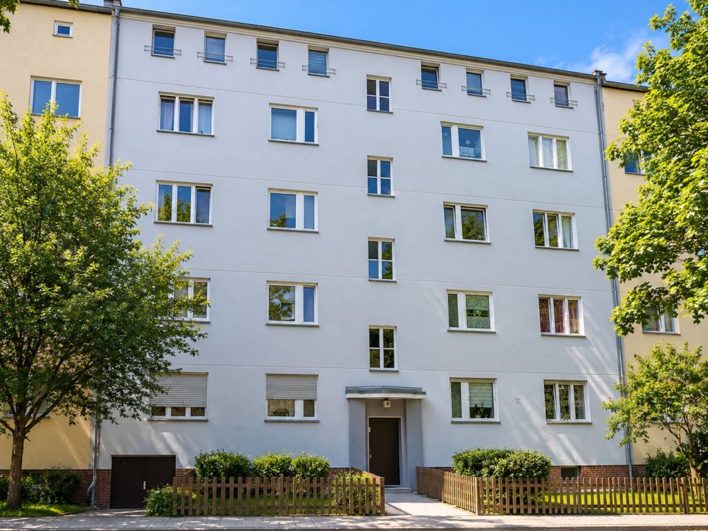 Wohnhausanlage mit heller Fassade, weiße Fenster, Bäume