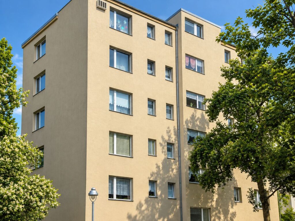 Wohnhausanlage mit beiger Fassade, links und rechts ein Baum
