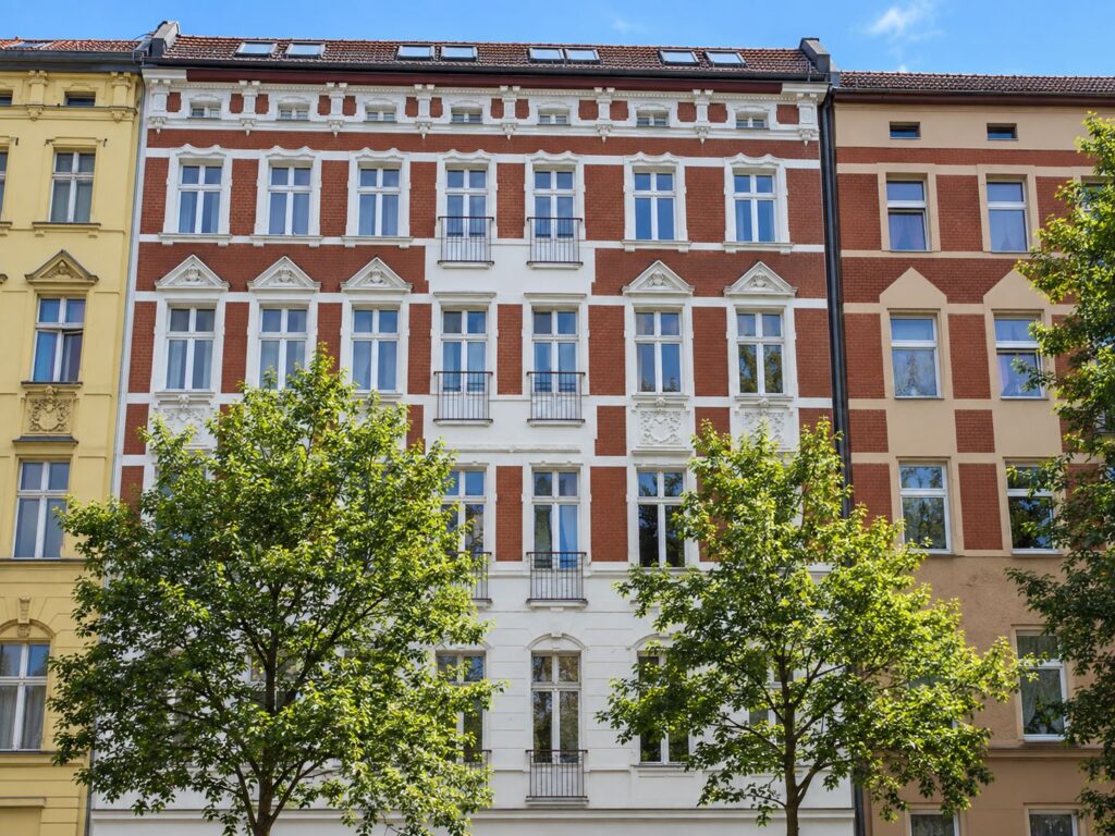 Zinshaus mit schöner Fassade, weiße Fenster, Fassade in roter Ziegeloptik, davor Bäume