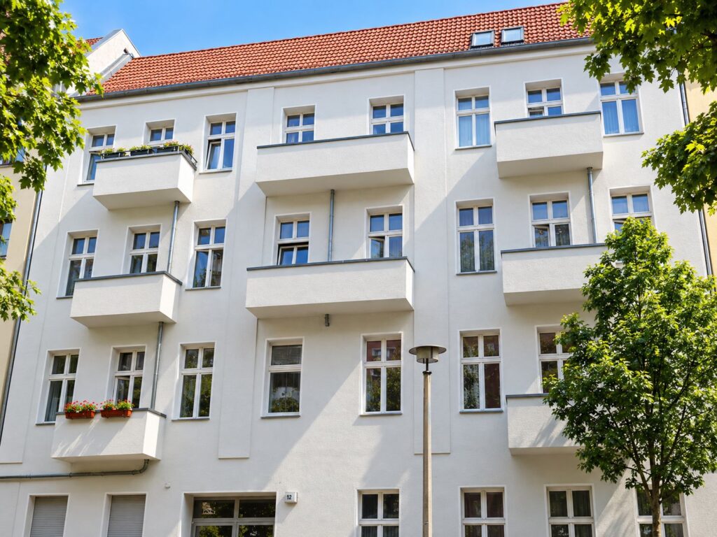 Wohnhausanlage mit hellcremer Fassade, Balkone, und weiße Fenster