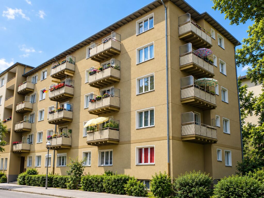 Wohnhausanlage mit goldbrauner Fassade, Balkone, Sträucher im Vordergrund