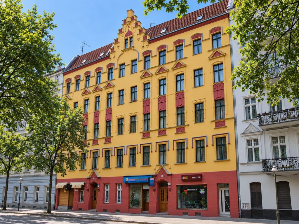 Zinshaus mit dunkelgelber Fassade und rotem Dekor, Erdgeschoß mit Geschäft und roter Fassade, Bäume