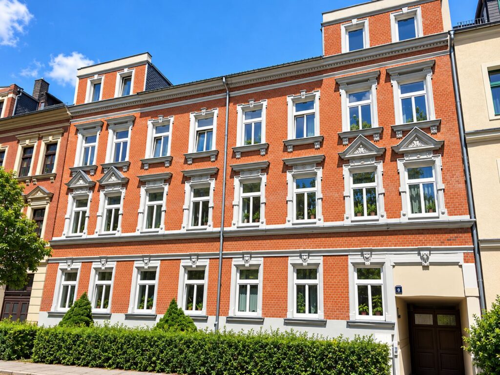 Zinshaus mit einer Fassade in roter Ziegeloptik, Fenster weiß